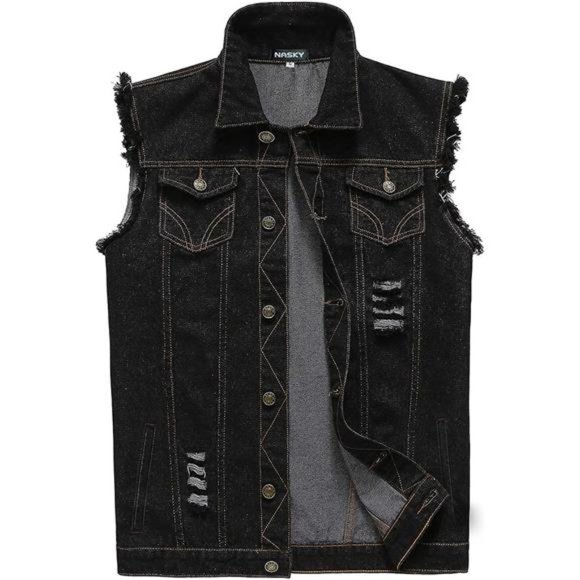 Men's Fit Retro Ripped Denim Vest Sleeveless Jean Vest and Jacket